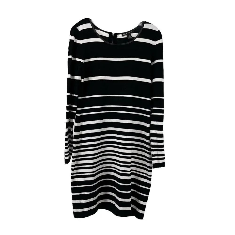 INC Black & White Striped Knit Dress Long Sleeve Knee Length Zip Detail Size M